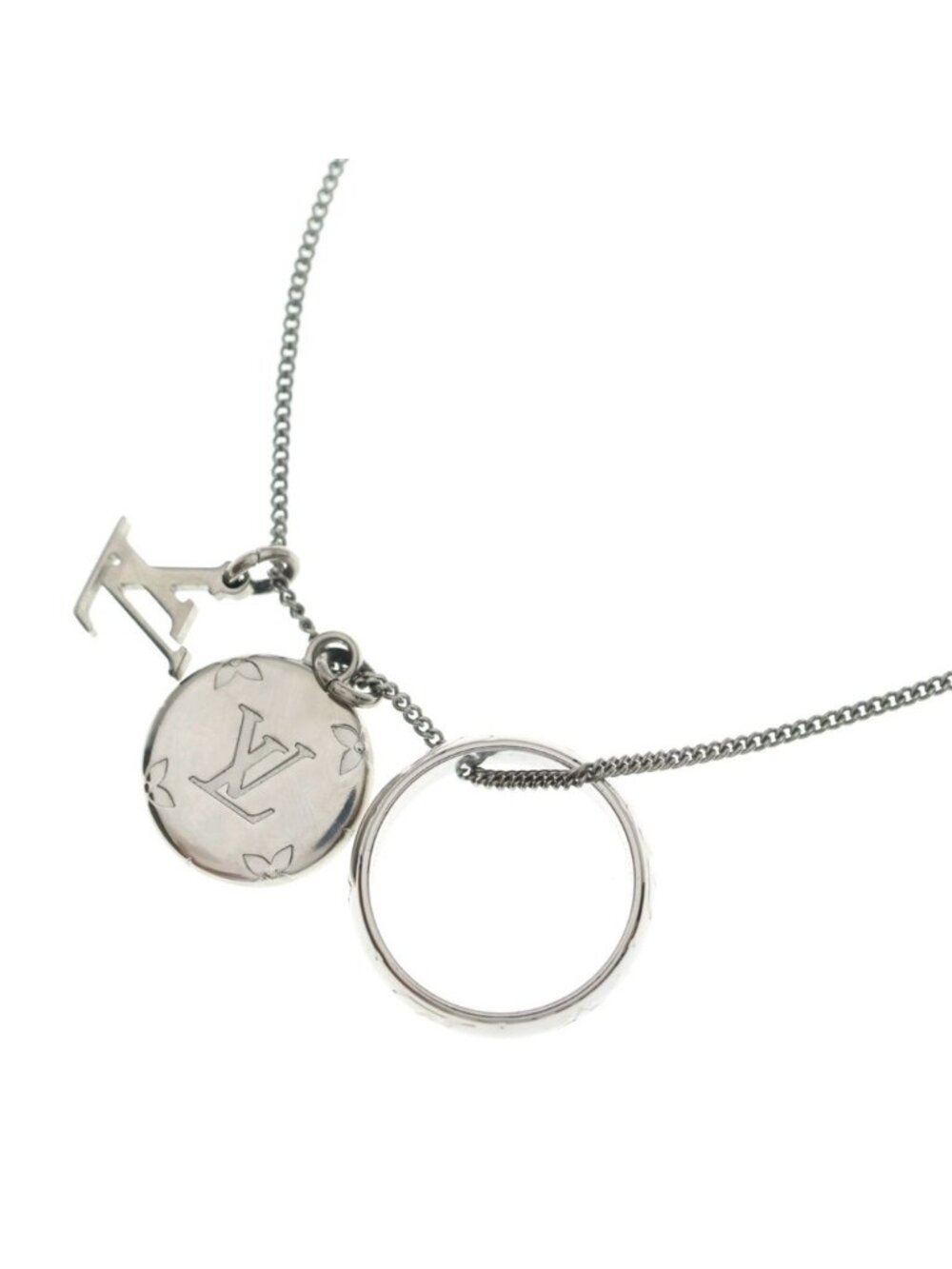 Louis Vuitton Ring Necklace Monogram Metal Silver Pendant Chain
